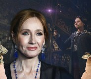 Harry Potter author JK Rowling superimposed next to bags of money and footage from the Hogwarts Legacy video game