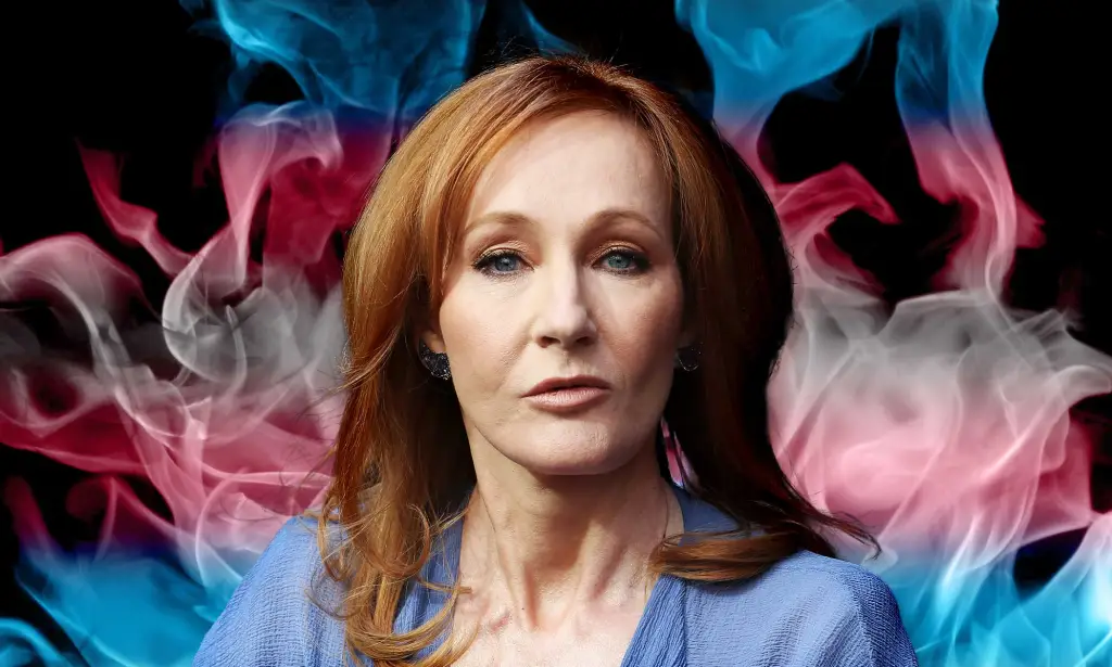 Harry Potter author JK Rowling in front of trans Pride flag colours