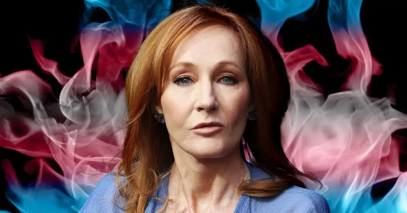 Harry Potter author JK Rowling in front of trans Pride flag colours