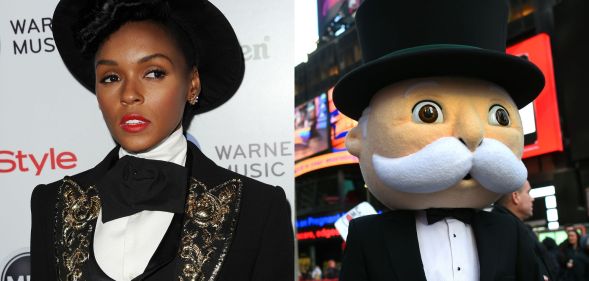 Side by side images of actor/singer Janelle Monae wearing a black tuxedo, bow tie and bowler hat and a person in a Monopoly Man costume.
