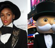 Side by side images of actor/singer Janelle Monae wearing a black tuxedo, bow tie and bowler hat and a person in a Monopoly Man costume.