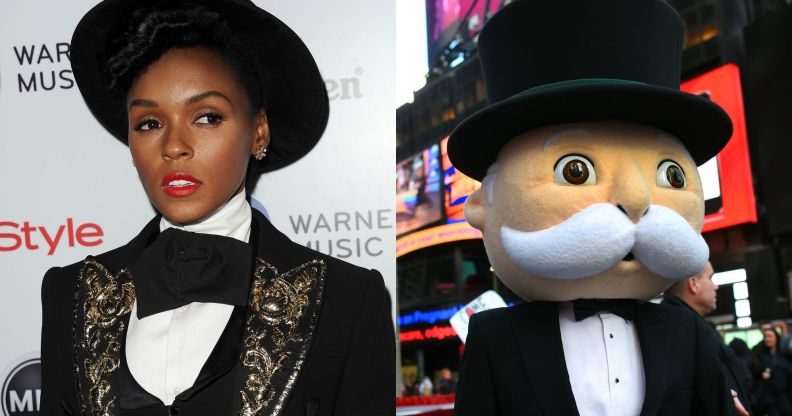 Side by side images of actor/singer Janelle Monae wearing a black tuxedo, bow tie and bowler hat and a person in a Monopoly Man costume.