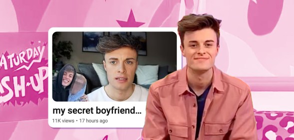 Joe Tasker photoshopped into a pink background with a clip of his coming out video.