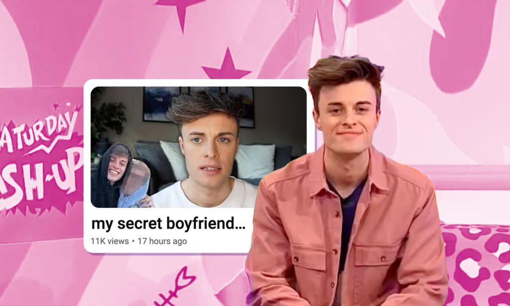 Joe Tasker photoshopped into a pink background with a clip of his coming out video.