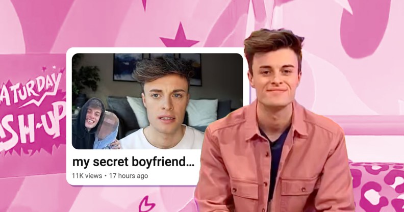 Joe Tasker photoshopped into a pink background with a clip of his coming out video.