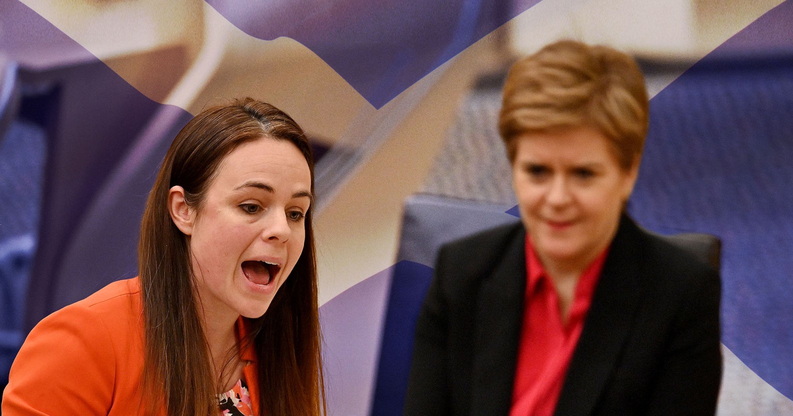 Kate Forbes pictured with Nicola Sturgeon in the background. The background of the image has been edited so the pair are pictured against a Scottish flag.