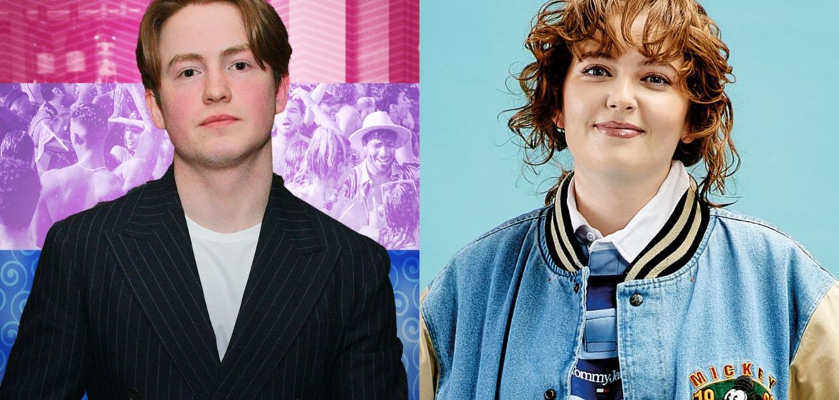 Two side by side images of Heartstopper actor Kit Connor in a black suit and white t-shirt standing against a bisexual flag background and author Alice Oseman wearing a blue jacket standing against a light blue background.