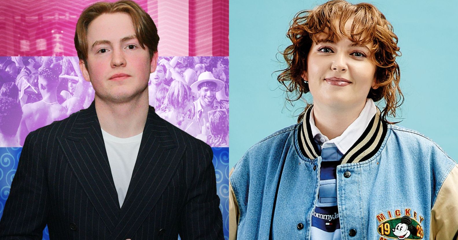 Two side by side images of Heartstopper actor Kit Connor in a black suit and white t-shirt standing against a bisexual flag background and author Alice Oseman wearing a blue jacket standing against a light blue background.