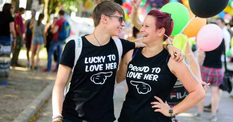 A couple celebrate a pride event in Ljubljana, Slovenia