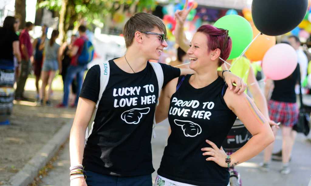 A couple celebrate a pride event in Ljubljana, Slovenia