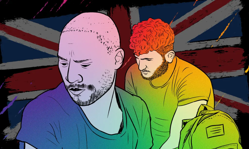 On the left of this animation is an image of a person with a cropped haircut and facial hair looking off into the distance on the left. On the right, an animation of a man looking anguished is visible. The two animations are set against a union jack background, drawing attention to the Uk's immigration detention system.