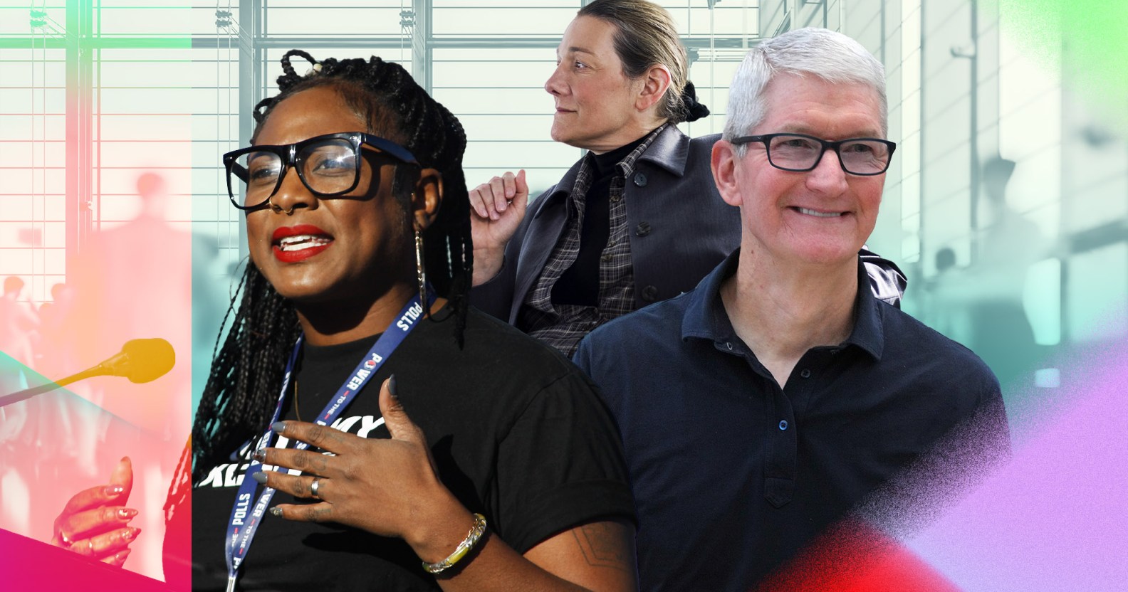Alicia Garza is smilling while speaking. Tim Cook is wearing a black shirt and smiling, and Martine Rothblatt is in the background.