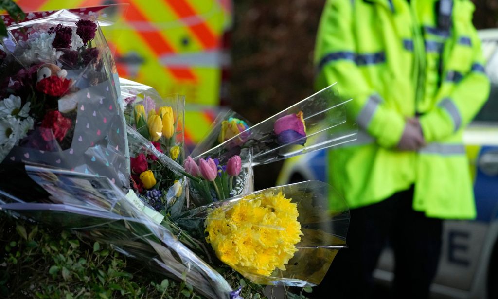 Flowers are placed near the park where Brianna Ghey was stabbed. 