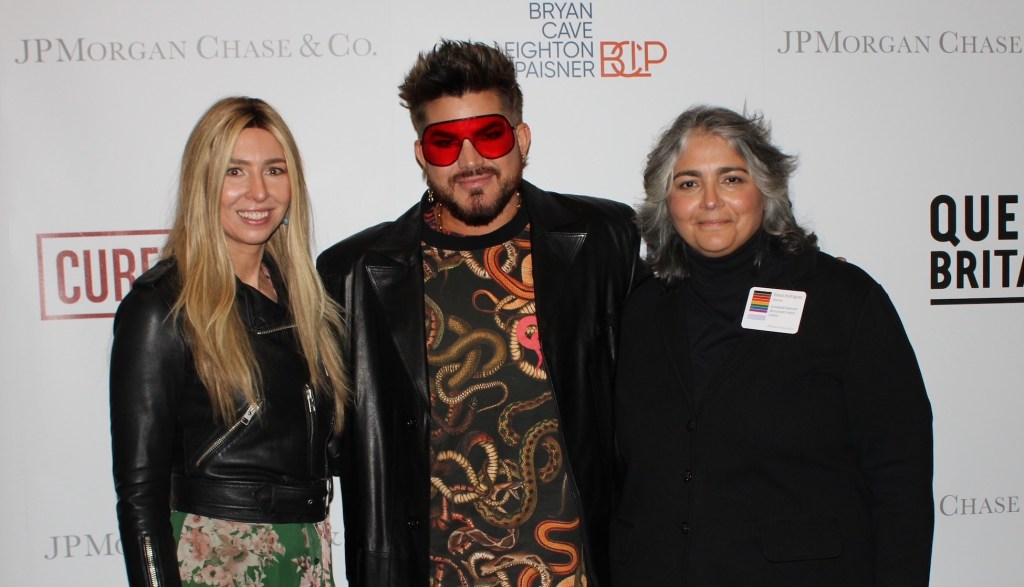 Adam Lambert (centre) with Lisa Winning (left) and Diana Rodriguez (right) of the Stonewall National Monument Visitor Center at an LGBTQ history panel hosted by JPMorgan Chase & Co.