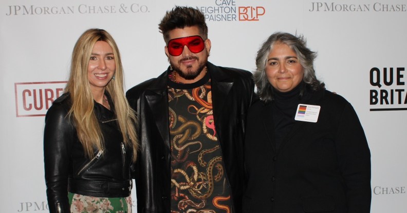 Adam Lambert (centre) with Lisa Winning (left) and Diana Rodriguez (right) of the Stonewall National Monument Visitor Center at an LGBTQ history panel hosted by JPMorgan Chase & Co.
