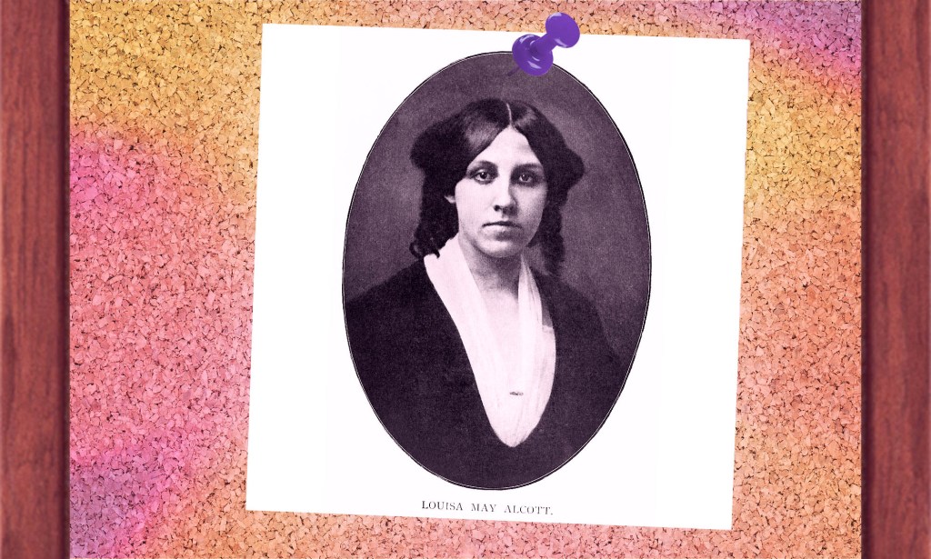 An image of Louisa May Alcott set against a multicoloured background on a fake notice board, with a purple pin at the top showing the image is supposed to be a printed photograph.