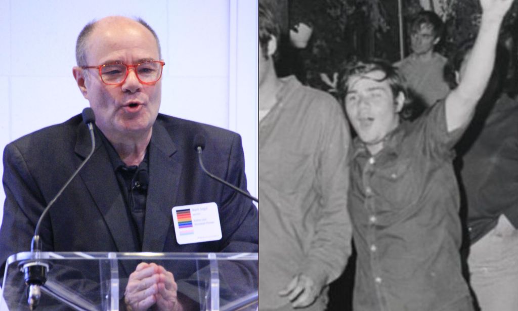Mark Segal speaking at a JP Morgan panel on LGBTQ history (left) and pictured in his youth (right)