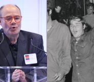 Mark Segal speaking at a JP Morgan panel on LGBTQ history (left) and pictured in his youth (right)