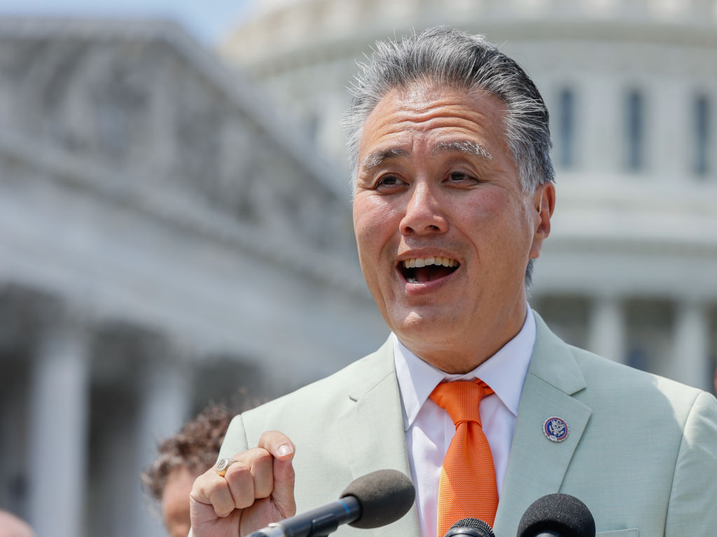 Mark Takano giving a speech outside the US Capitol Building