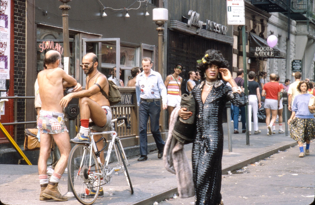 Marsha P Johnson on the corner of Christopher Street and 7th Avenue during the Pride March in 1982. 