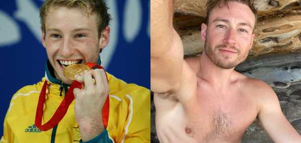 Matthew Mitcham with his gold medal at the 2008 Beijing Olympics (left) and posing nude on a beach