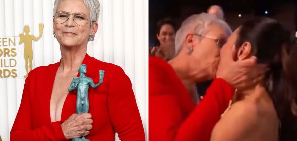 Jamie Lee Curtis and Michelle Yeoh share a kiss as Jamie Lee Curtis is announced as the winner of the supporting actress SAG Award.