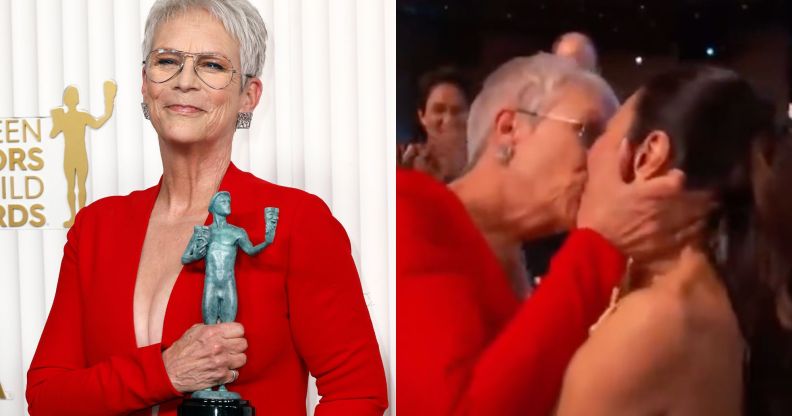 Jamie Lee Curtis and Michelle Yeoh share a kiss as Jamie Lee Curtis is announced as the winner of the supporting actress SAG Award.