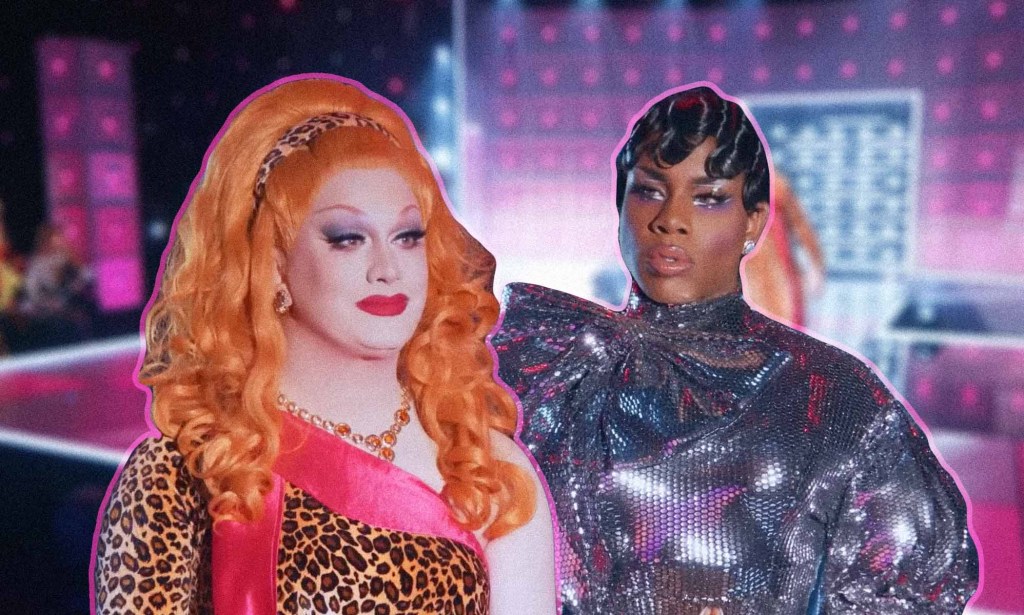 A graphic showing cut-out images of drag queen Jinkx Monsoon on the left wearing a orange wig and leopard print dress over a pink top with the right side of the picture showing an image of drag queen Monét X Change wearing a shiny silver outfit