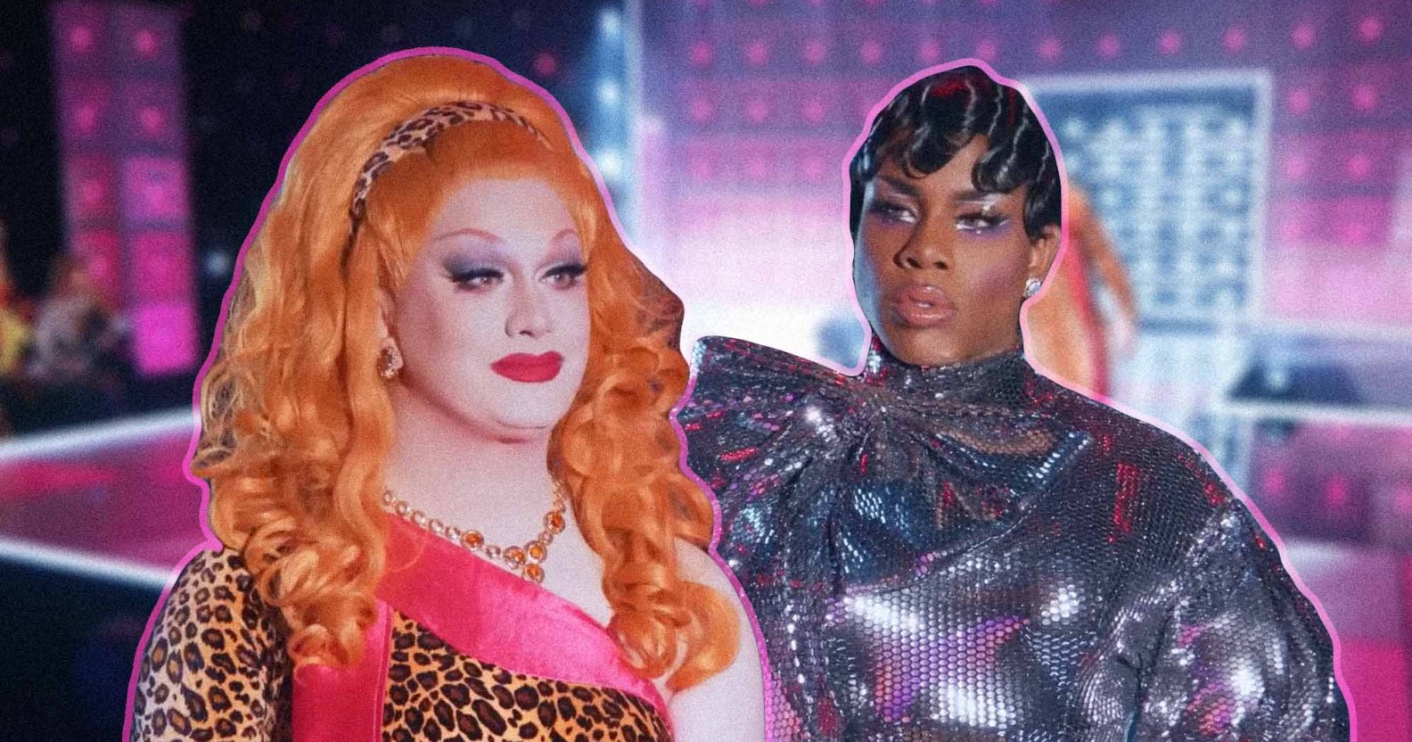 A graphic showing cut-out images of drag queen Jinkx Monsoon on the left wearing a orange wig and leopard print dress over a pink top with the right side of the picture showing an image of drag queen Monét X Change wearing a shiny silver outfit