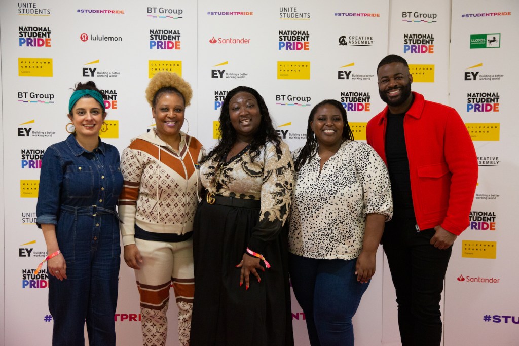 Left-right: Leila Zadeh, Manonon, Lady Phyll, Moud Goba and Ben Hunte on the pink carpet at National Student Pride 2023