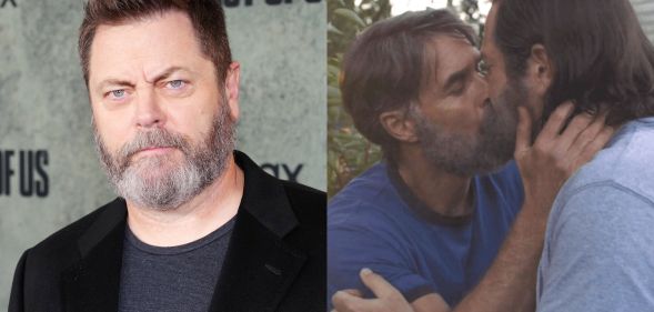 Nick Offerman (left) behind a The Last of Us background and kissing Murray Bartlett's Frank as Bill in episode three (right)