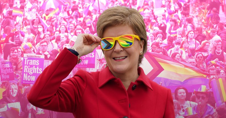 Nicola Sturgeon wearing sunglasses. The lenses show the pride and trans flags.