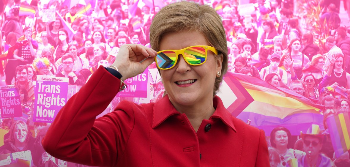 Nicola Sturgeon wearing sunglasses. The lenses show the pride and trans flags.