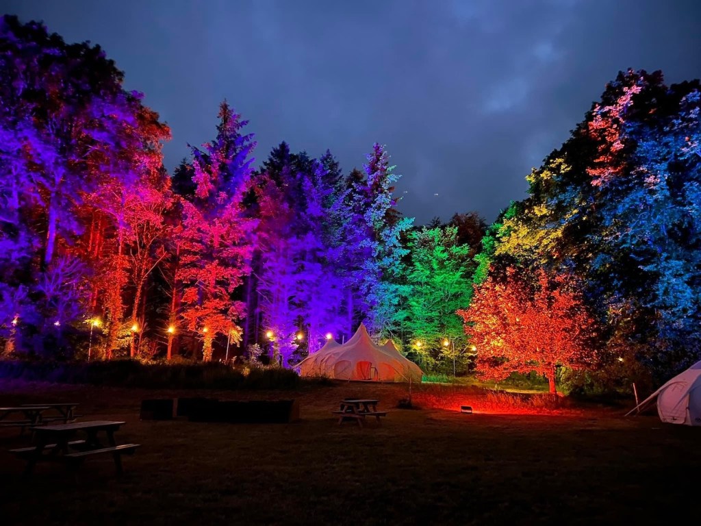 A tent among trees illuminated by rainbow lights at Out & Wild Festival