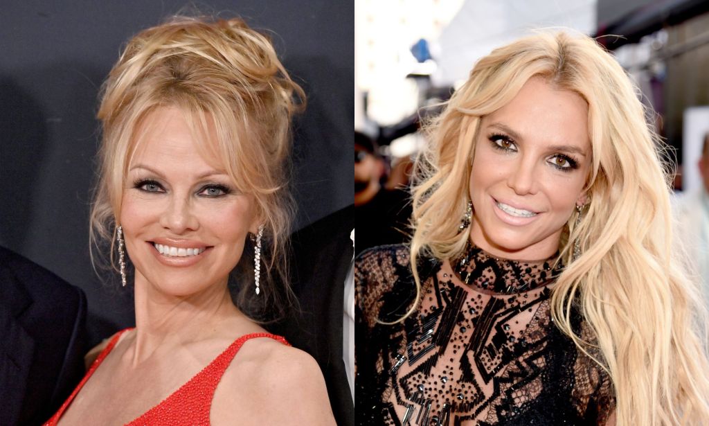 Side by side image of Pamela Anderson wearing a red sleeveless top and Britney Spears dressed in a black mesh dress at the 2016 Billboard Music Awards.