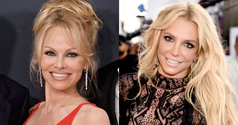Side by side image of Pamela Anderson wearing a red sleeveless top and Britney Spears dressed in a black mesh dress at the 2016 Billboard Music Awards.