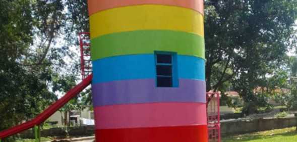 Rainbow painted park tower in Entebbe