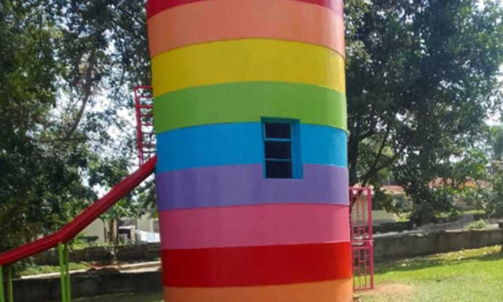 Rainbow painted park tower in Entebbe