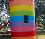 Rainbow painted park tower in Entebbe