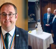 Paul O'Kane pictured on the left in the Scottish Parliament. On the right, he is pictured on his wedding day with his husband.