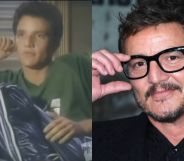 Pedro Pascal as gay character Greg in 1999 MTV series Undressed (left) and wearing black glasses and a black shirt (right)