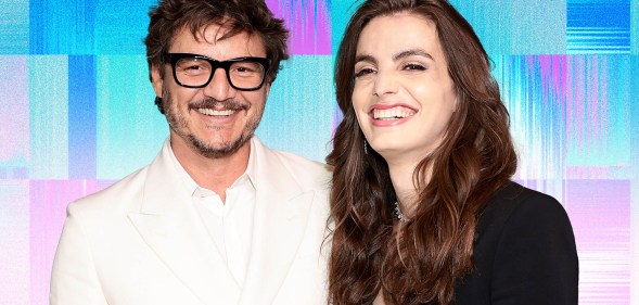 A graphic showing cut-out images of actor Pedro Pascal wearing a white shirt and glasses standing next to his trans sister Lux Pascal who is dressed in a black top. Both are smiling and are set against a background made up of trans flag colours blue and pink