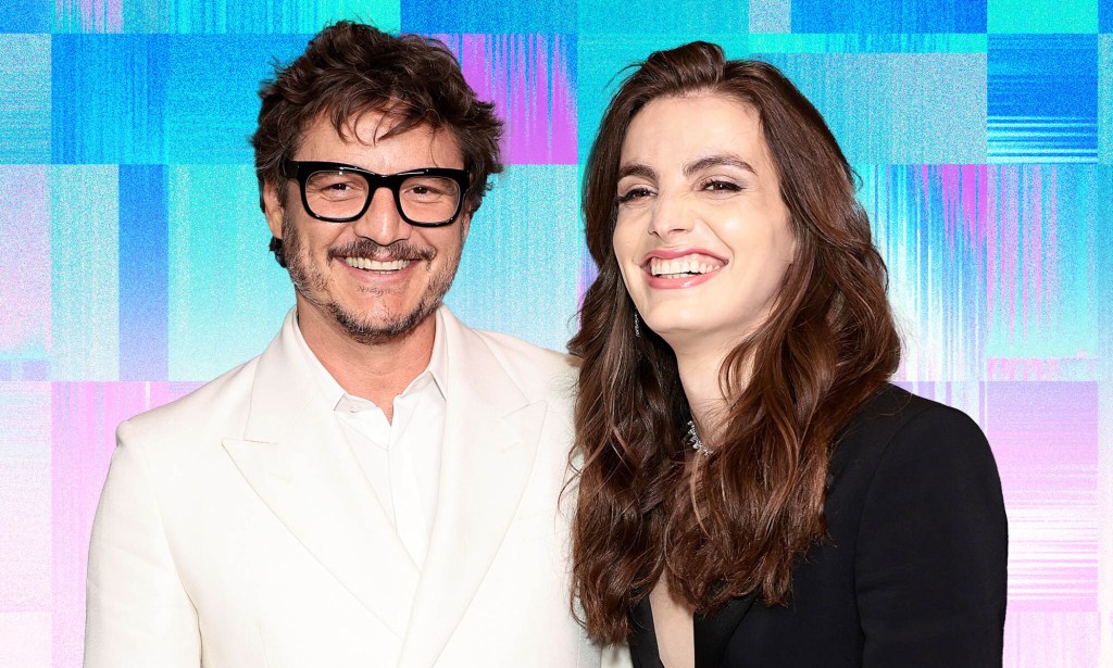 A graphic showing cut-out images of actor Pedro Pascal wearing a white shirt and glasses standing next to his trans sister Lux Pascal who is dressed in a black top. Both are smiling and are set against a background made up of trans flag colours blue and pink