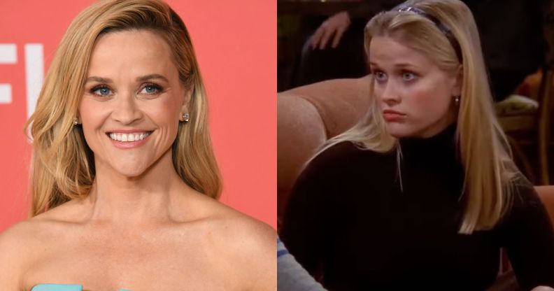 Reese Witherspoon wearing a blue dress at the premiere of Netflix's film Your Place or Mine, alongside a screenshot of Witherspoon playing Jill Greene in Friends 23 years ago.