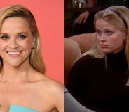 Reese Witherspoon wearing a blue dress at the premiere of Netflix's film Your Place or Mine, alongside a screenshot of Witherspoon playing Jill Greene in Friends 23 years ago.