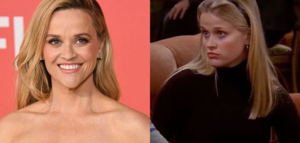 Reese Witherspoon wearing a blue dress at the premiere of Netflix's film Your Place or Mine, alongside a screenshot of Witherspoon playing Jill Greene in Friends 23 years ago.