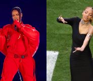 Side by side image of Rihanna and sign performer Justina Miles performing at the Super Bowl.