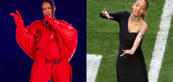 Side by side image of Rihanna and sign performer Justina Miles performing at the Super Bowl.