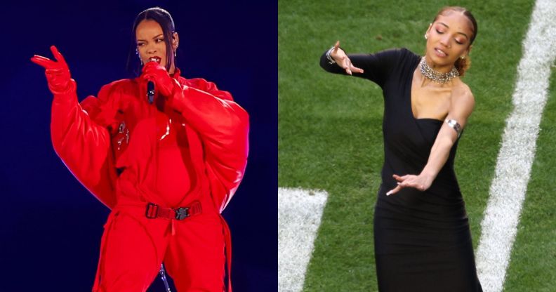 Side by side image of Rihanna and sign performer Justina Miles performing at the Super Bowl.