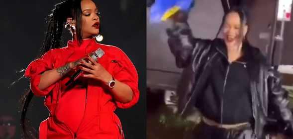 Side by side image of Rihanna on stage at the Super Bowl performing and a screenshot of her celebrating her performance after by waving a Barbados flag in the air.